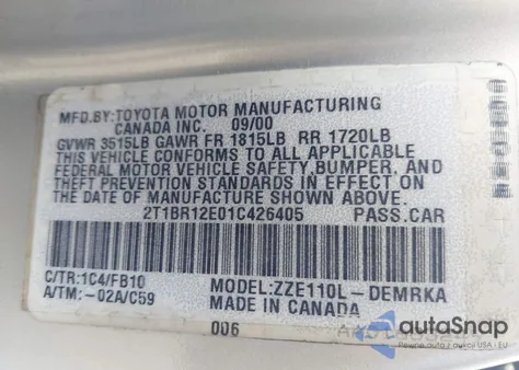 2001 Toyota Corolla Ce z USA, uszkodzony, nr VIN 2T1BR12E01C426405